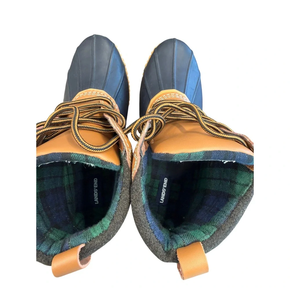 Lands End Womens Insulated Duck‎ Boots Navy Tan Plaid Lined Size 9M 550708